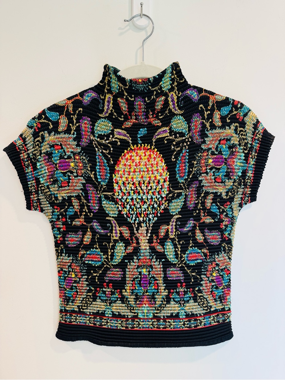 Y2K Vintage Alberto Makali ruched crinkle mock neck sequin vibrant blouse Sz S